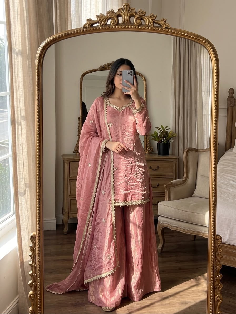 Fendy Silk Embroidery Sequence & Real Mirror Work Sharara Set With Dupatta