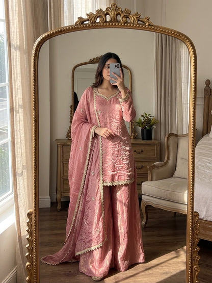 Fendy Silk Embroidery Sequence & Real Mirror Work Sharara Set With Dupatta