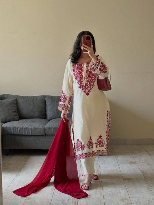 EMBROIDERED ROMAN SILK FABRIC TOP AND PANT WITH DUPATTA PAIR