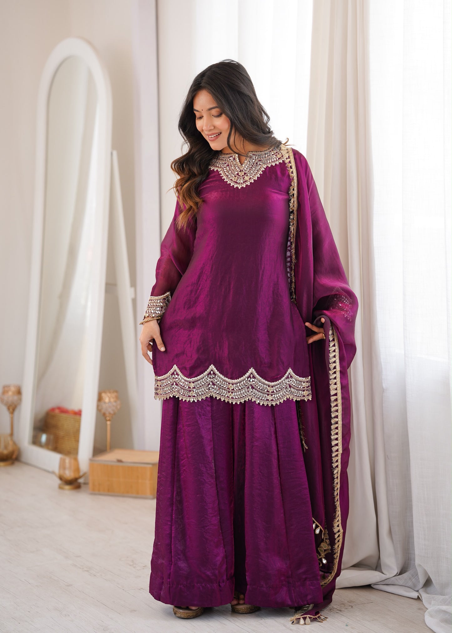 Premium Fendy Silk Mirror Work Top Sharara Set With Dupatta