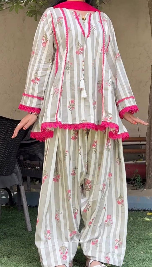 Premium Natural Crepe Digital Print Farshi Pant Set With Faux Georgette Dupatta