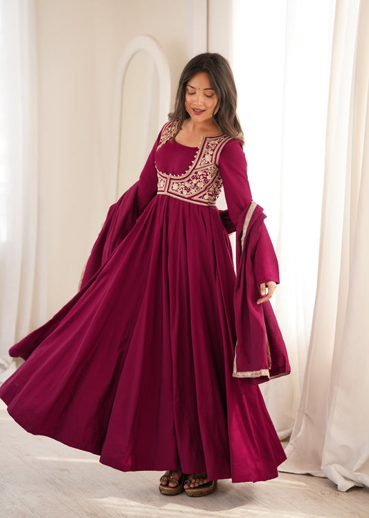 Premium Roman Silk Chanderi Anarkali Gown Set With Fancy Jacket & Dupatta