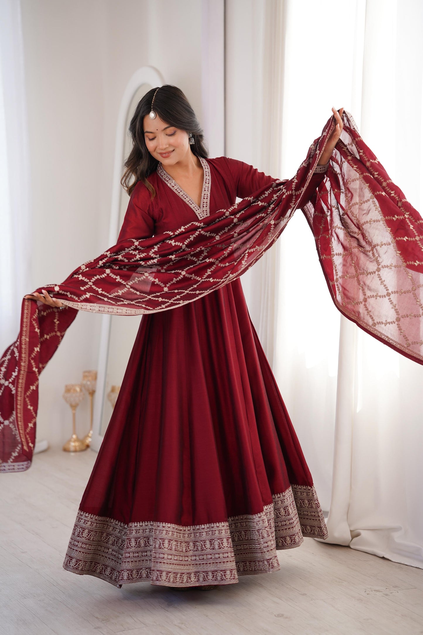 Premium Blooming Vichitra Silk Anarkali Gown Set with Dupatta