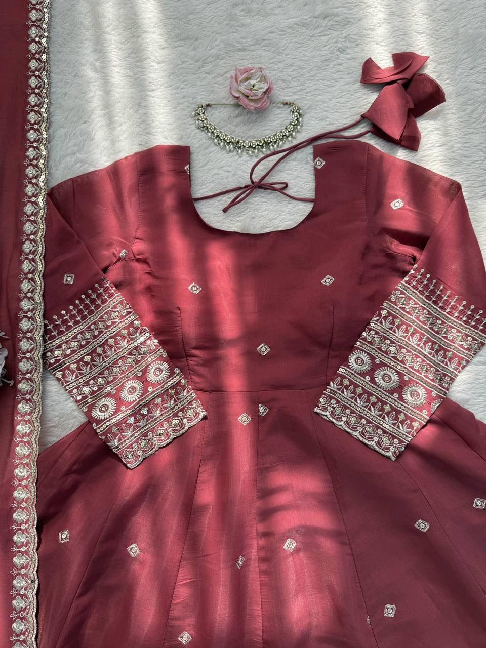 Mul Chanderi Silk Gown, Pant & Dupatta Set