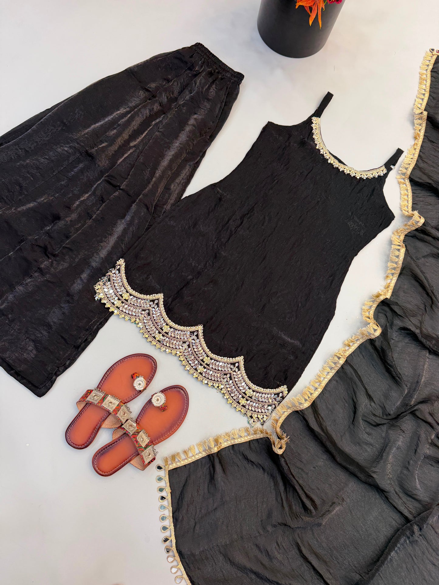 Fendy Silk Embroidered Mirror Work Sharara Set