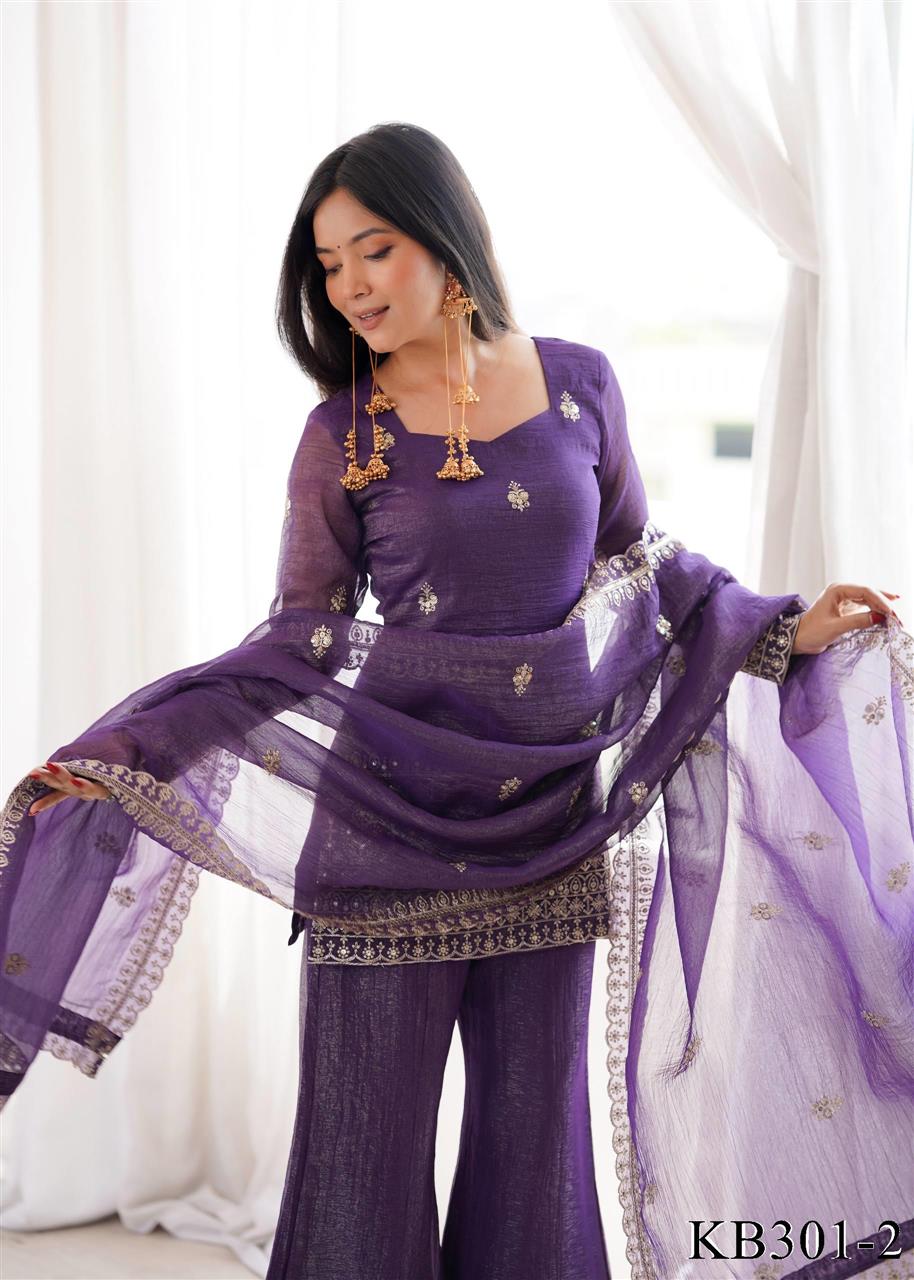 Premium Crunchy Silk Embroidered Bell Bottom Suit Set With Dupatta