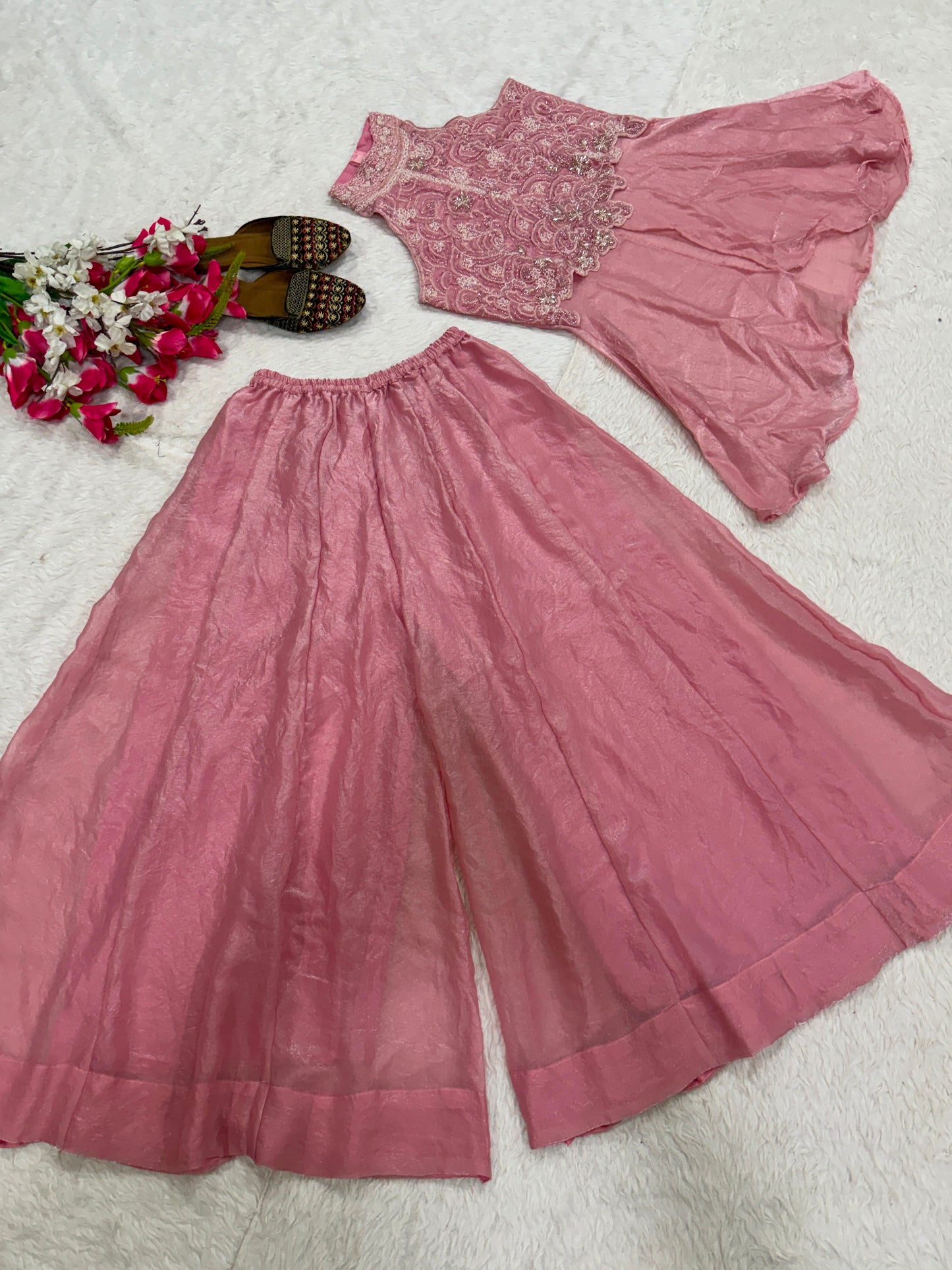 Heavy Fandy Crush Full Neck Handwork Top With Sharara Plazzo Set
