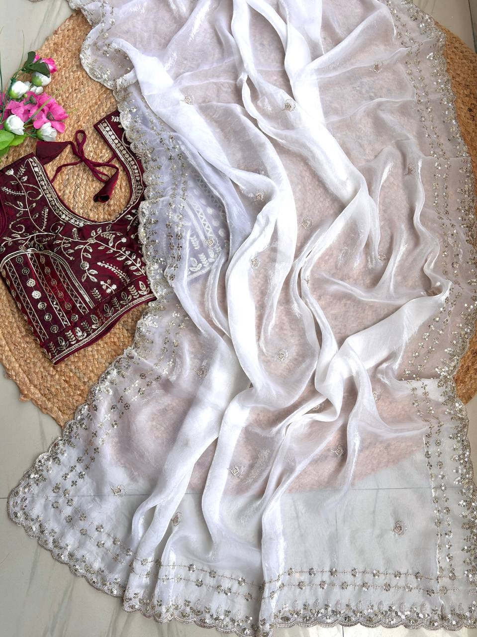 Beautiful Sequence work  Soft Fandy Silk  along with Full Stitched Blouse