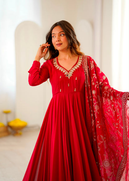 Premium Faux Georgette Khatli Mirror Work Anarkali Set With Dupatta