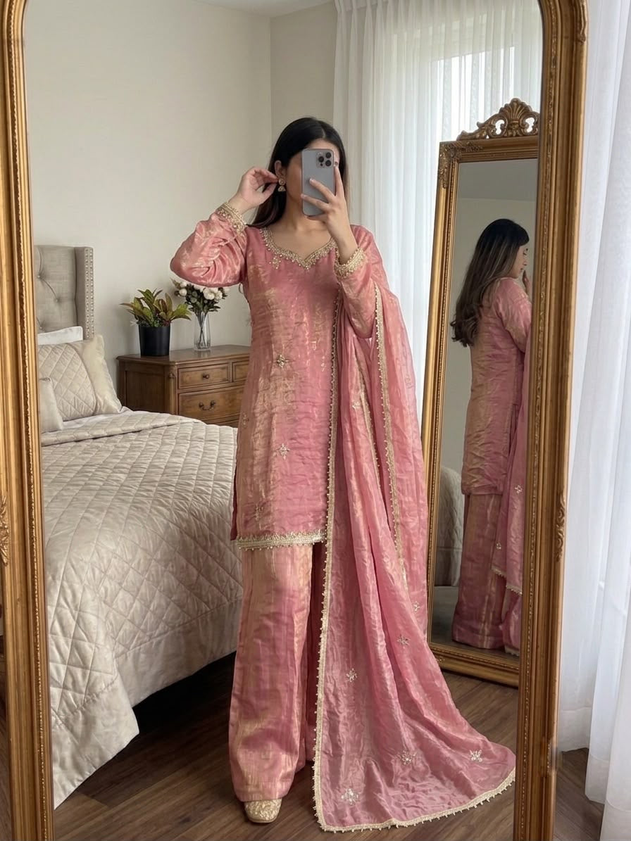 Fendy Silk Embroidery Sequence & Real Mirror Work Sharara Set With Dupatta