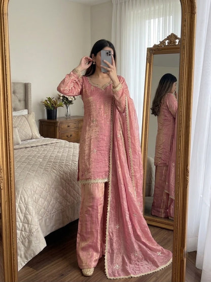 Fendy Silk Embroidery Sequence & Real Mirror Work Sharara Set With Dupatta