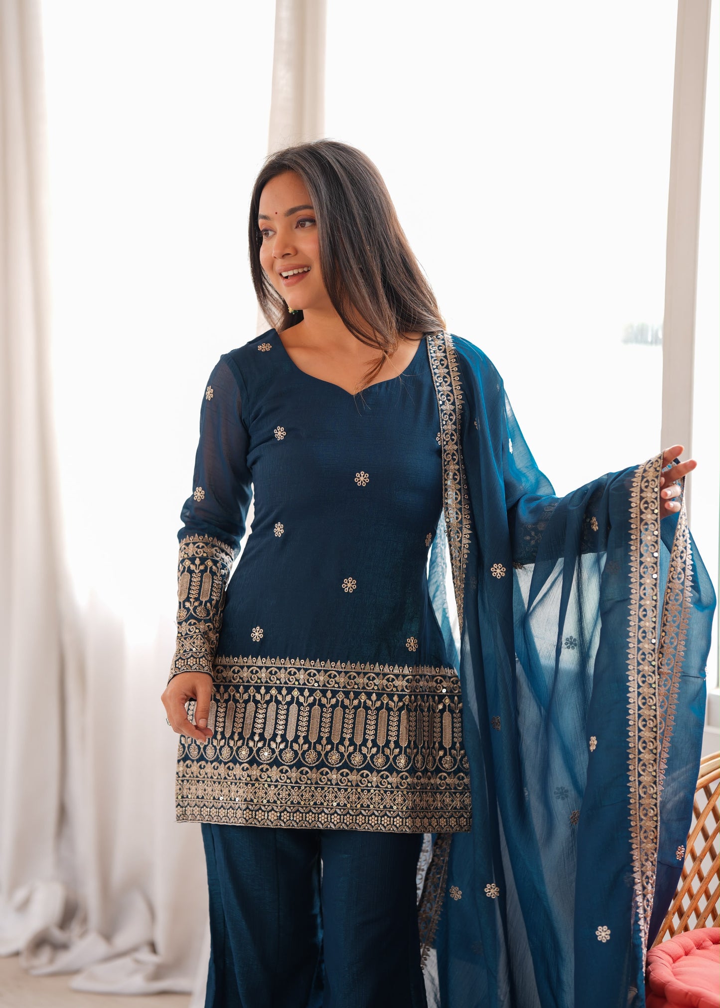 Teal Blue Crunchy Silk Embroidered Kurta Set with Bell Bottom Pant and Dupatta