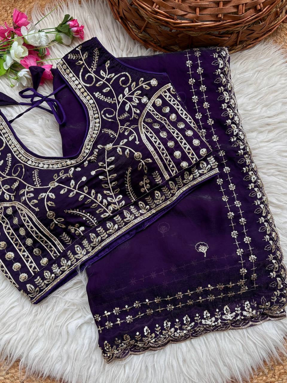 Beautiful Sequence work  Soft Fandy Silk  along with Full Stitched Blouse