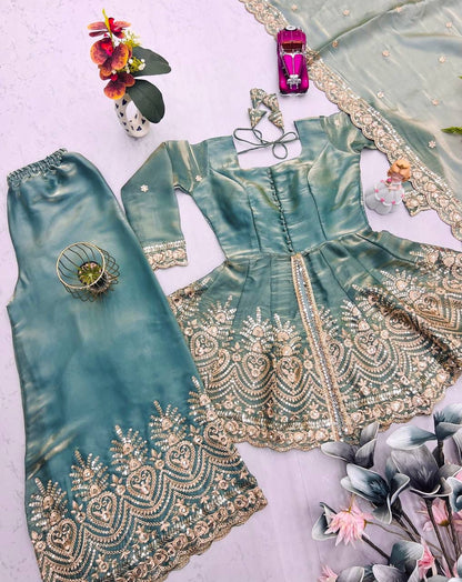 Fendy Satin Silk Gown Sharara Set with Mirror Work