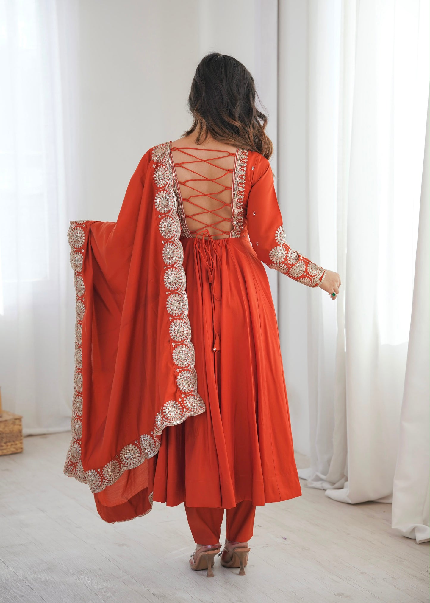 Premium Roman Silk Embroidered Anarkali Set With Chanderi Dupatta