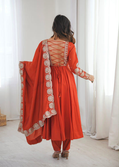 Premium Roman Silk Embroidered Anarkali Set With Chanderi Dupatta