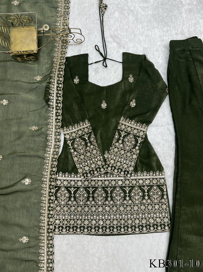 Premium Crunchy Silk Embroidered Bell Bottom Suit Set With Dupatta