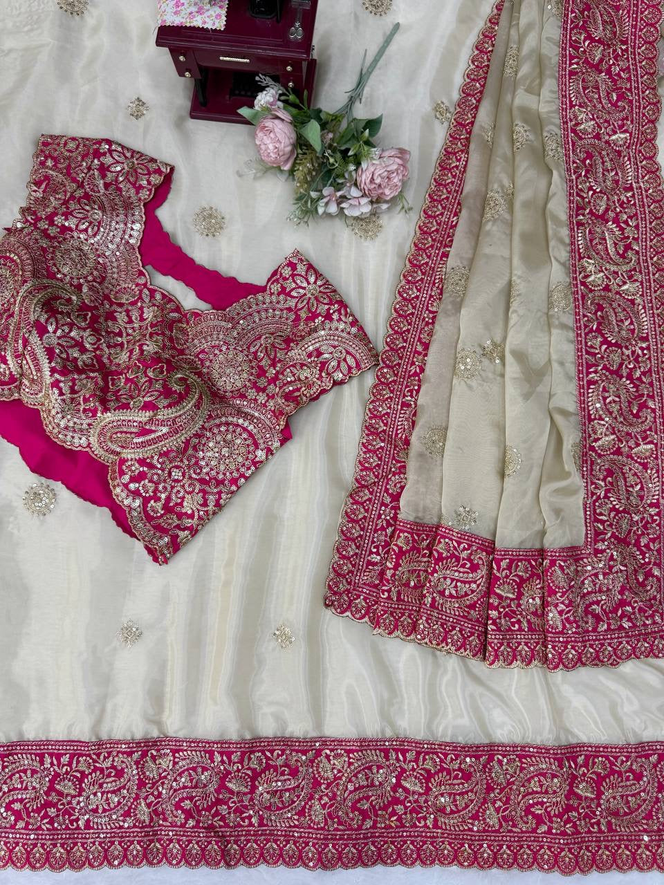 Beautiful Wedding Function Special Organza Silk Bride Look Saree