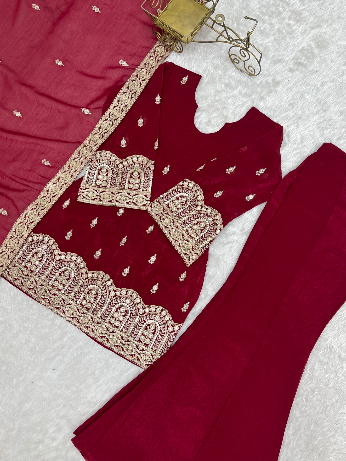 Premium Crunchy Silk Embroidered Bell Bottom Suit Set With Dupatta