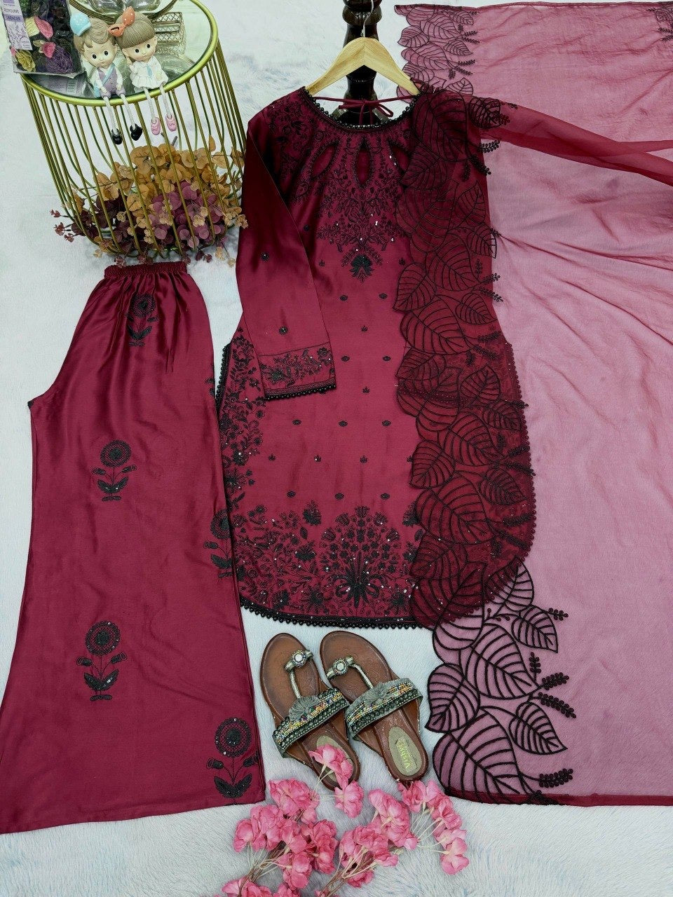 Satin Rayon Top, Plazzo & Dupatta