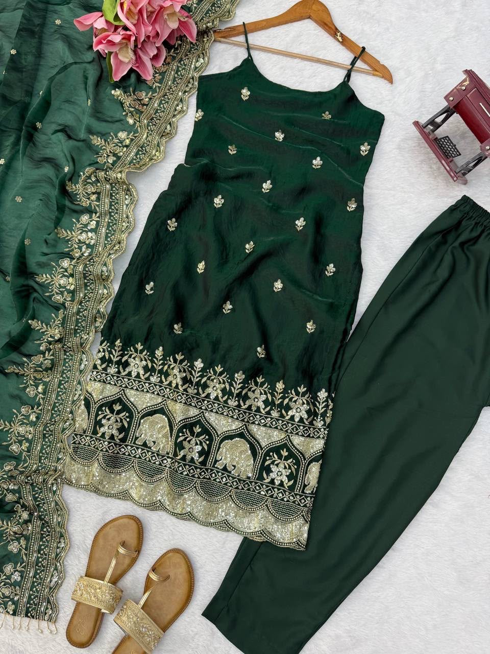 Premium Fendy Silk Thread & Sequence Work Anarkali Set With Dupatta