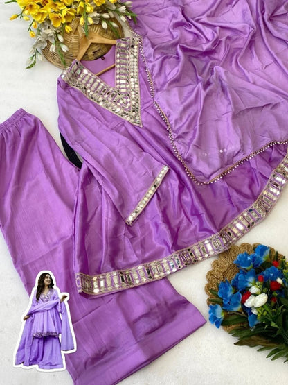 Premium Soft Chinon Mirror Work Palazzo Set With Dupatta