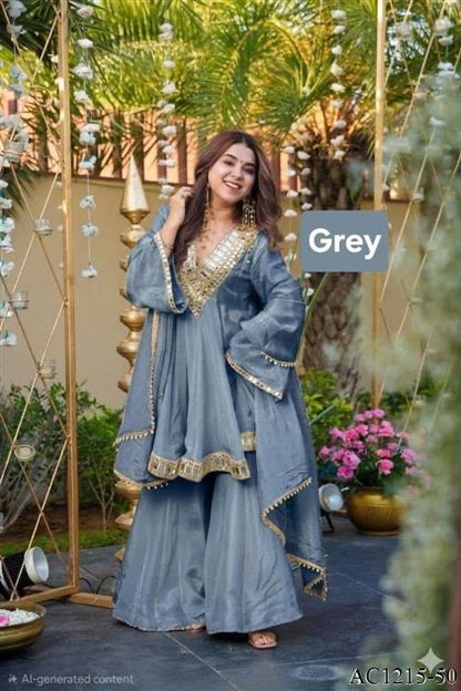 Premium Soft Chinon Mirror Work Palazzo Set With Dupatta