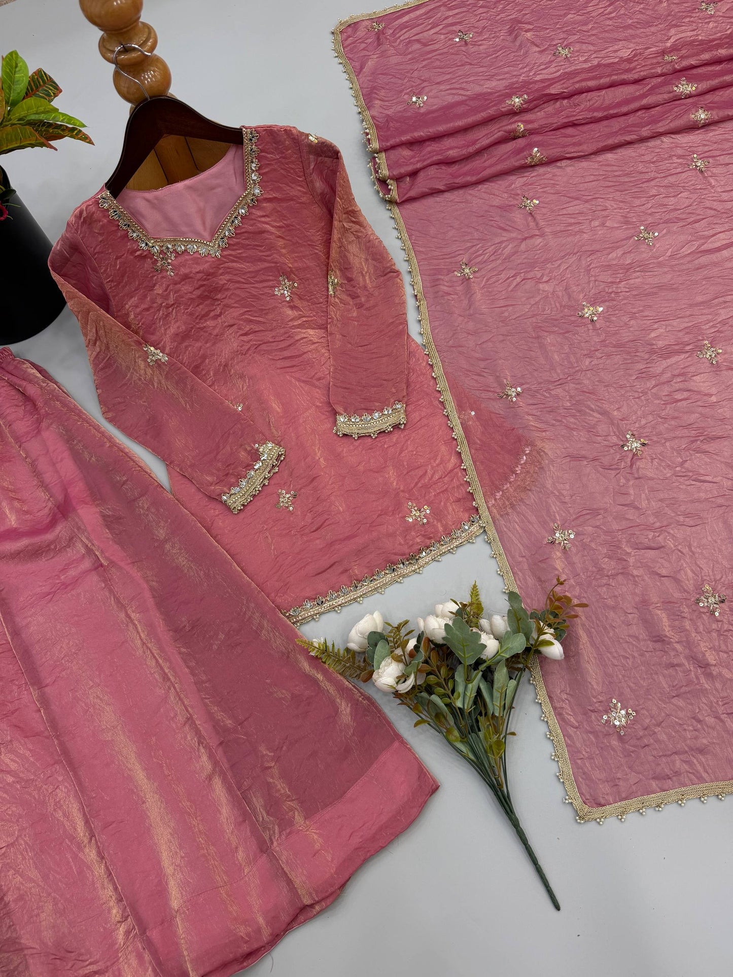 Fendy Silk Embroidery Sequence & Real Mirror Work Sharara Set With Dupatta