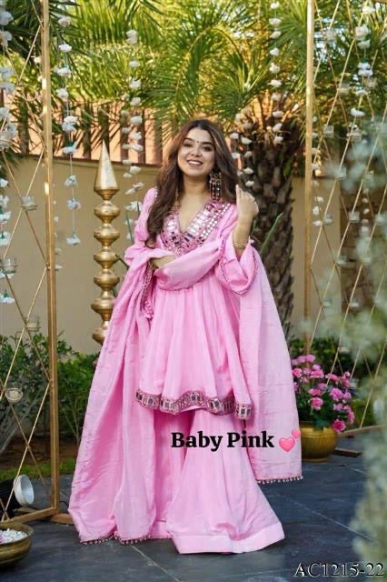 Premium Soft Chinon Mirror Work Palazzo Set With Dupatta