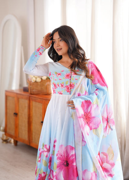 Premium Organza Silk Floral Print Anarkali Set With Gota Patti Dupatta