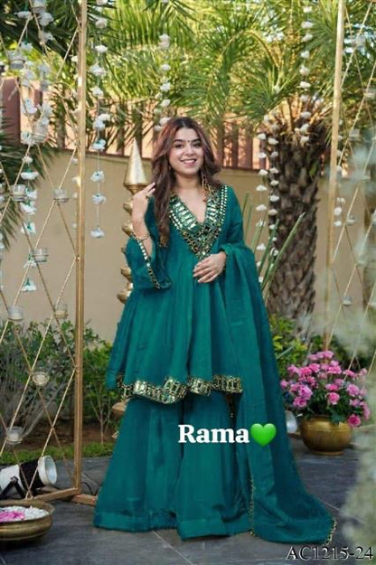 Premium Soft Chinon Mirror Work Palazzo Set With Dupatta