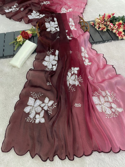 Premium Zimi Chu Sequence Work Saree With Satin Silk Blouse