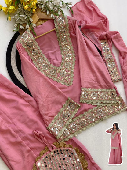 Premium Chinon 4 Piece Sharara Suit Set With Mirror