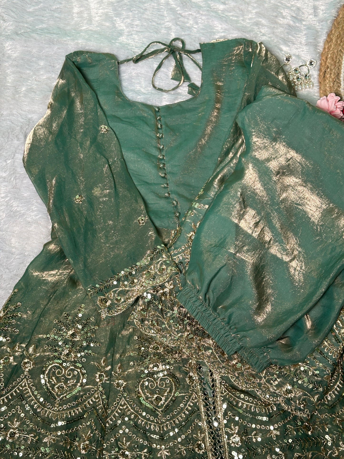 Fendy Satin Silk Gown Sharara Set with Mirror Work