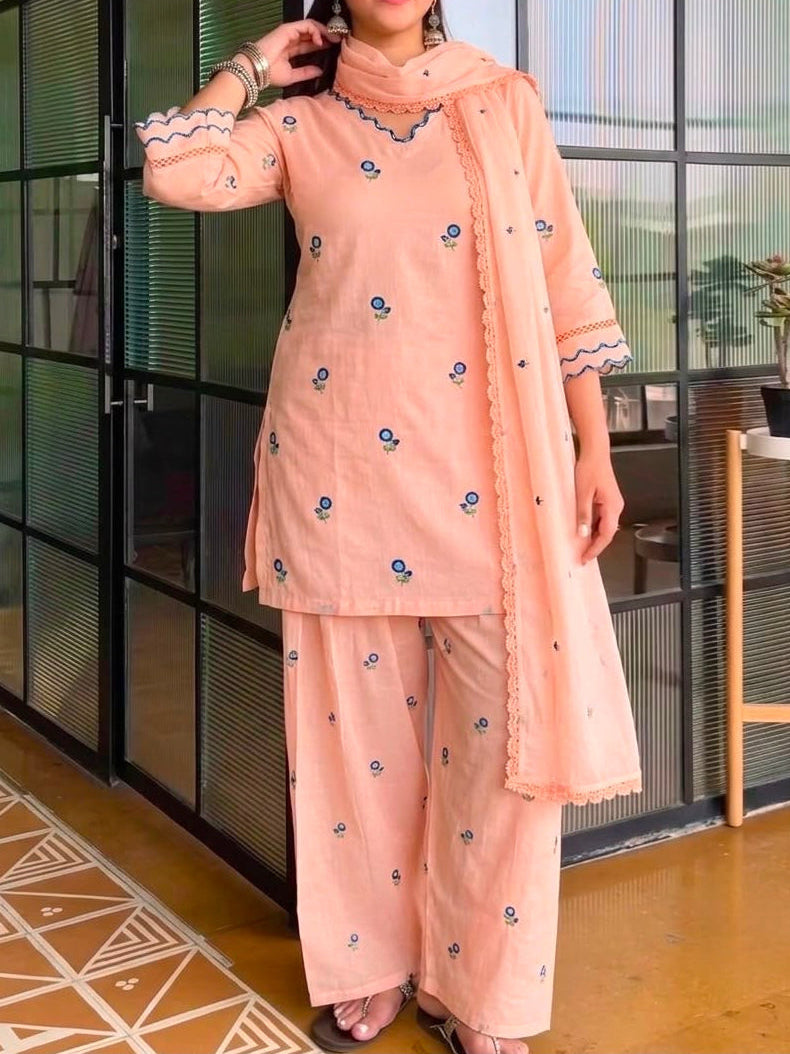 Mul Chanderi Top, Farshi Plazzo & Dupatta Set