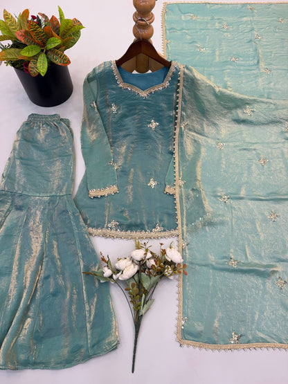 Fendy Silk Embroidery Sequence & Real Mirror Work Sharara Set With Dupatta