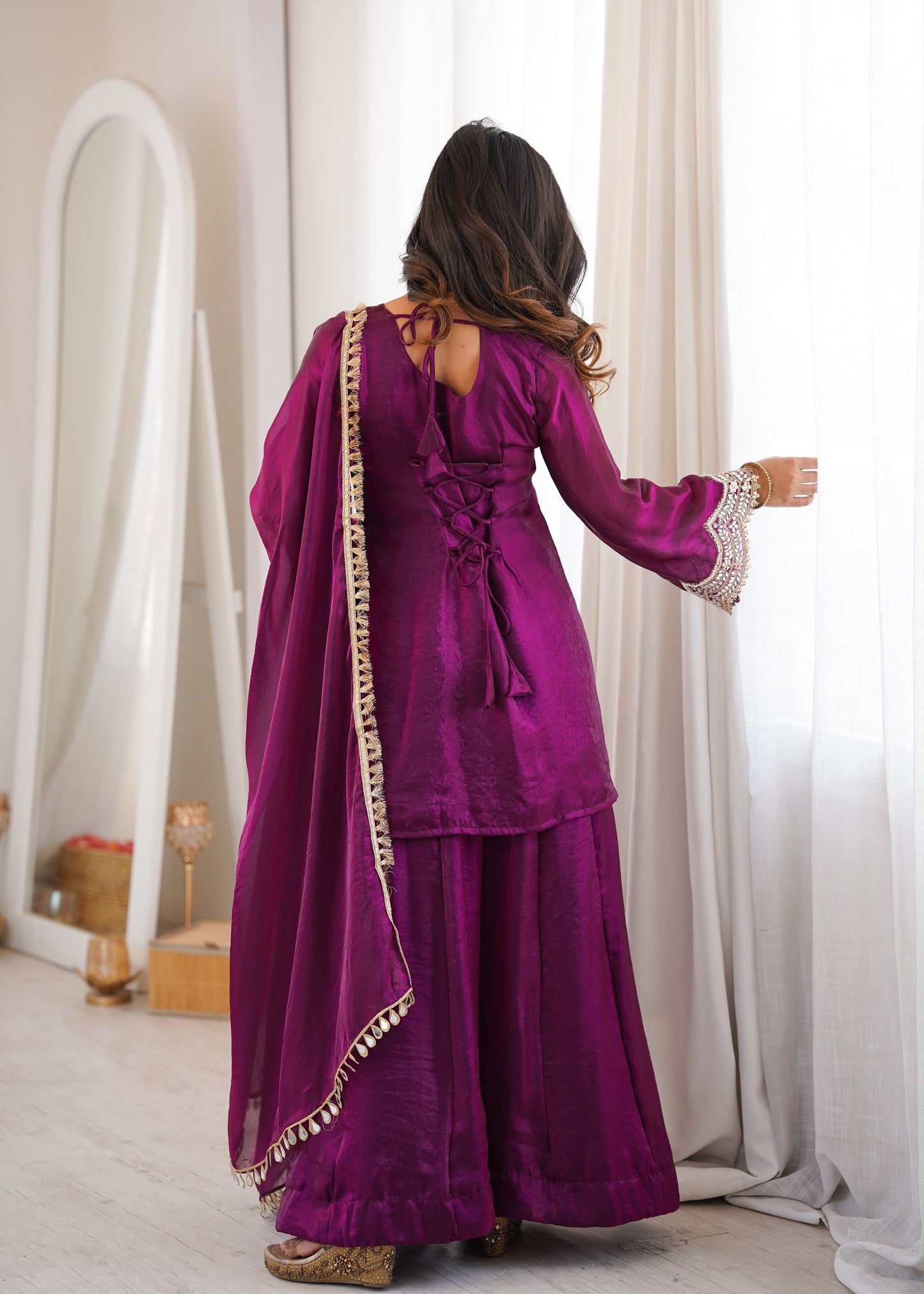 Premium Fendy Silk Mirror Work Top Sharara Set With Dupatta
