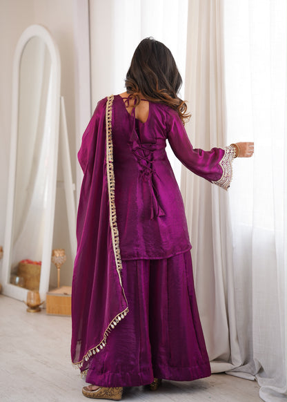 Premium Fendy Silk Mirror Work Top Sharara Set With Dupatta