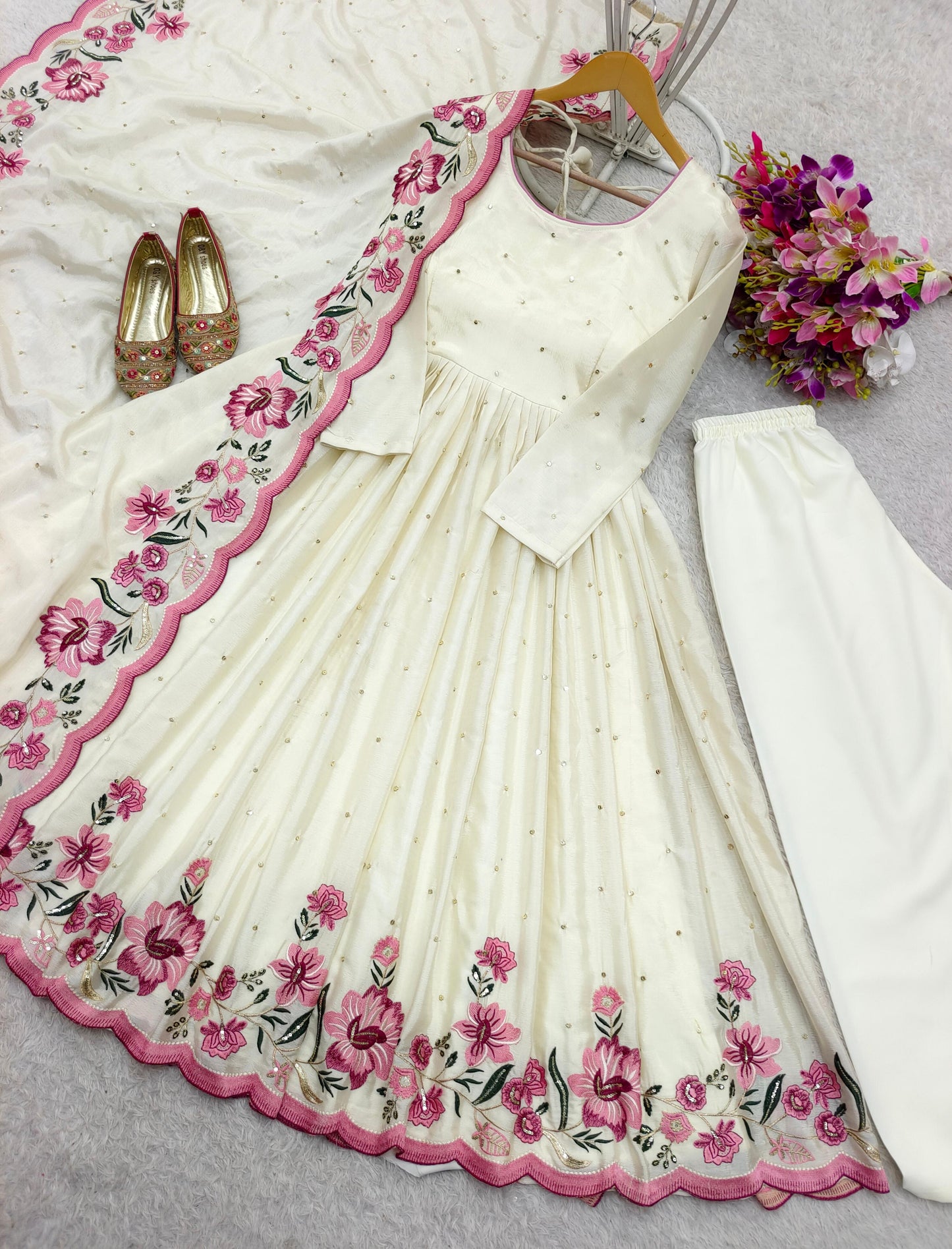 Pure Cinon Silk Gown -Pent  Dupatta Set
