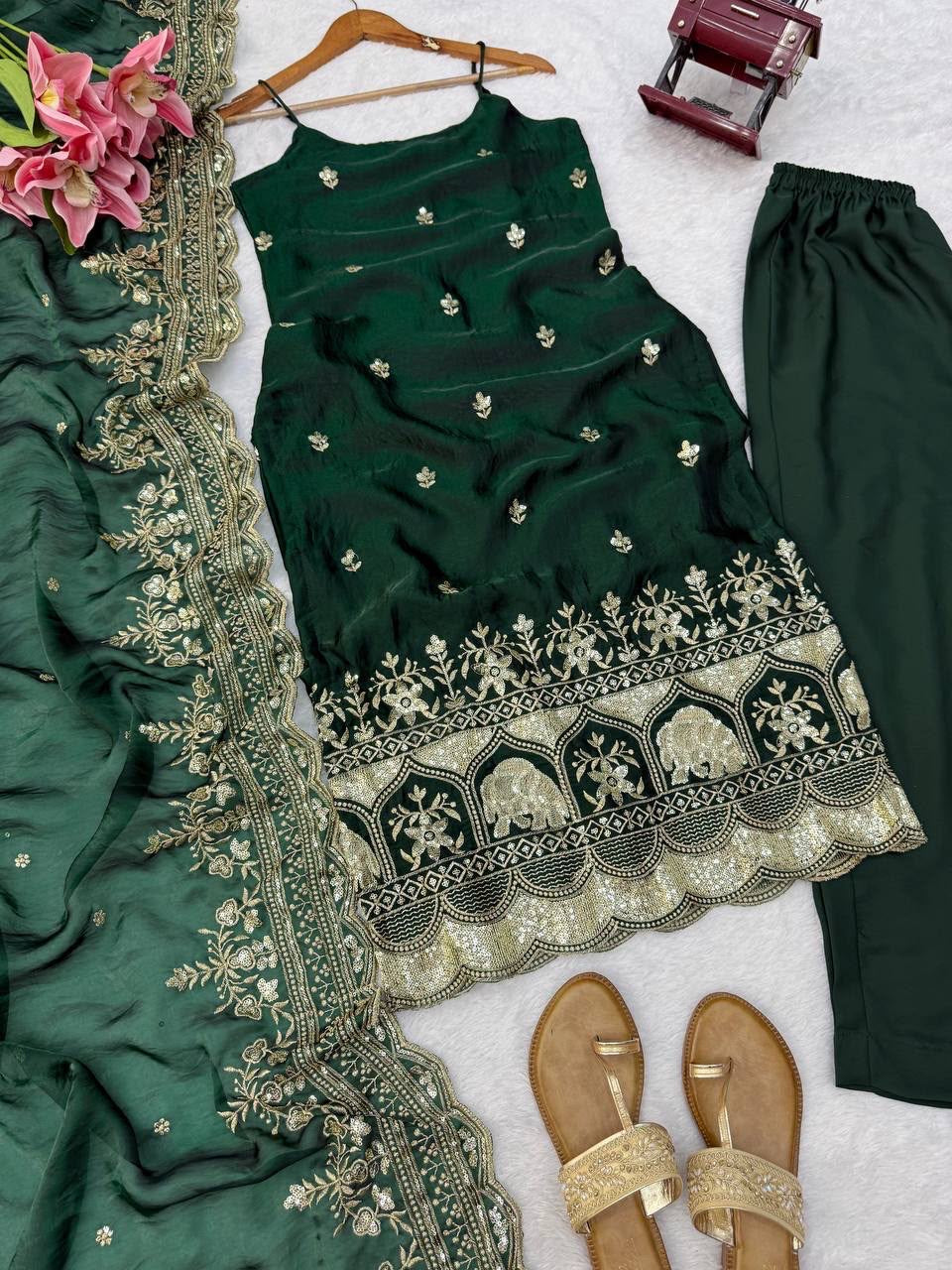 Premium Fendy Silk Thread & Sequence Work Anarkali Set With Dupatta