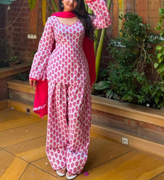 Heavy Pure Cambric Cotton Kurta Set with Farshi Pant and Dupatta