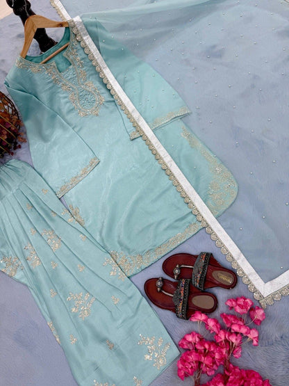 Designer Party Wear Look Pur Glass Satin Top & Farshi Palazzo With Dupatta
