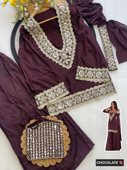 Premium Chinon 4 Piece Sharara Suit Set With Mirror