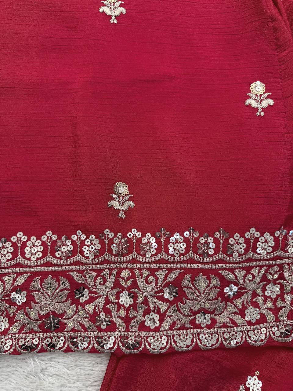 Premium Chinon Silk Thread & Sequence Work Top, Plazzo & Dupatta Set