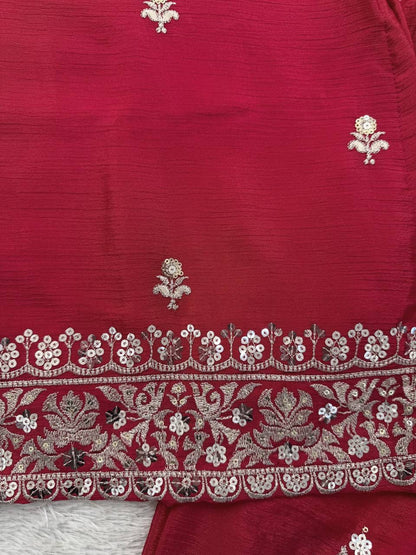 Premium Chinon Silk Thread & Sequence Work Top, Plazzo & Dupatta Set