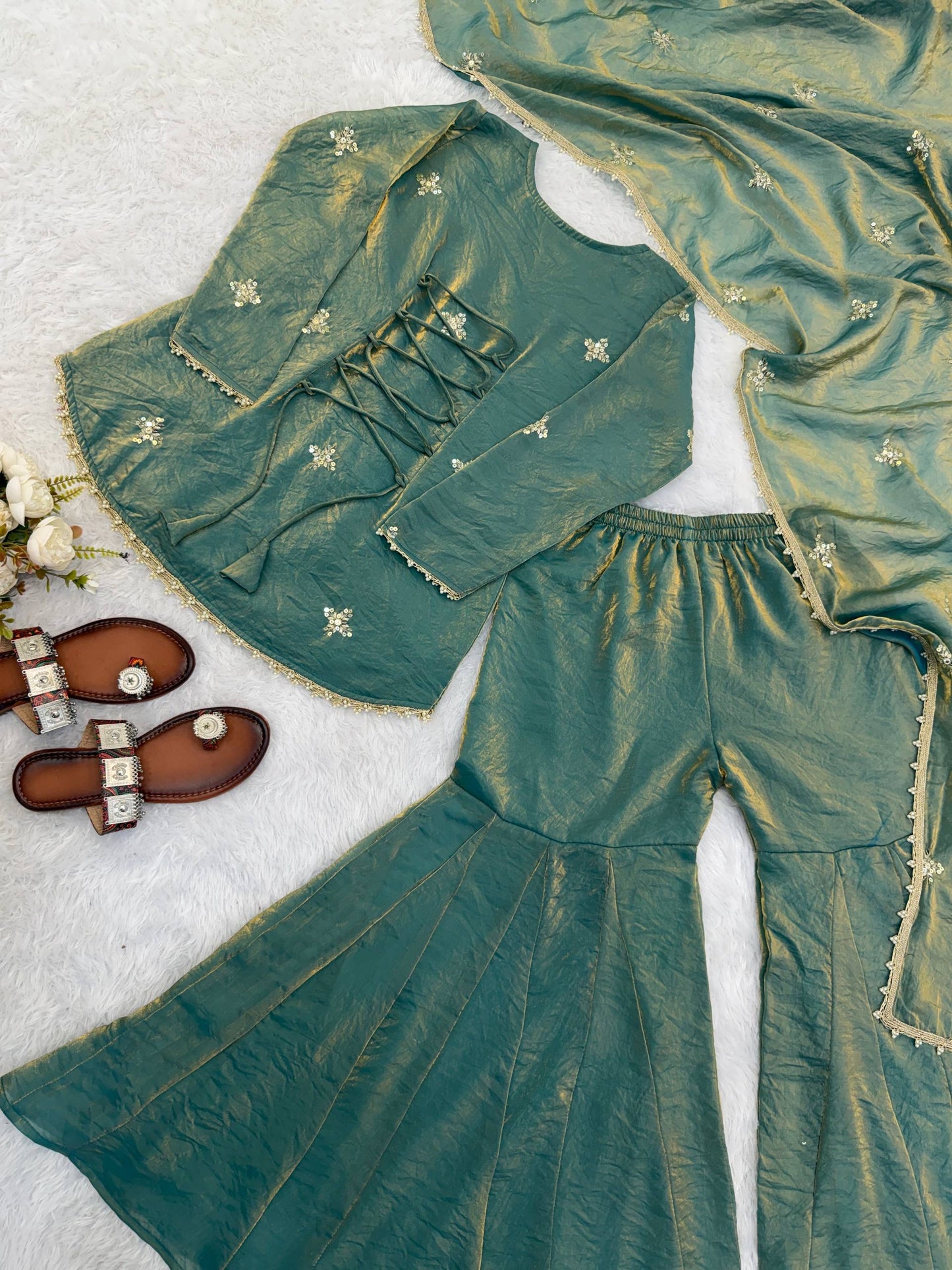 Premium Fendy Silk Embroidered Sharara Palazzo Set With Dupatta