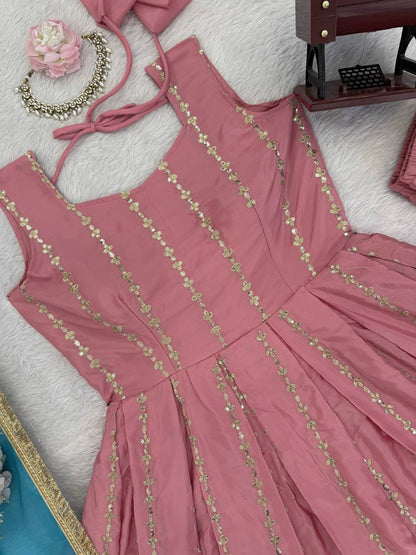 Premium Chinon Silk Thread & Sequence Anarkali Set With Tabby Organza Dupatta
