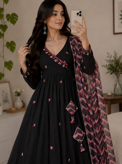 Premium Embroidered Butta Anarkali Suit Set With Printed Georgette Dupatta