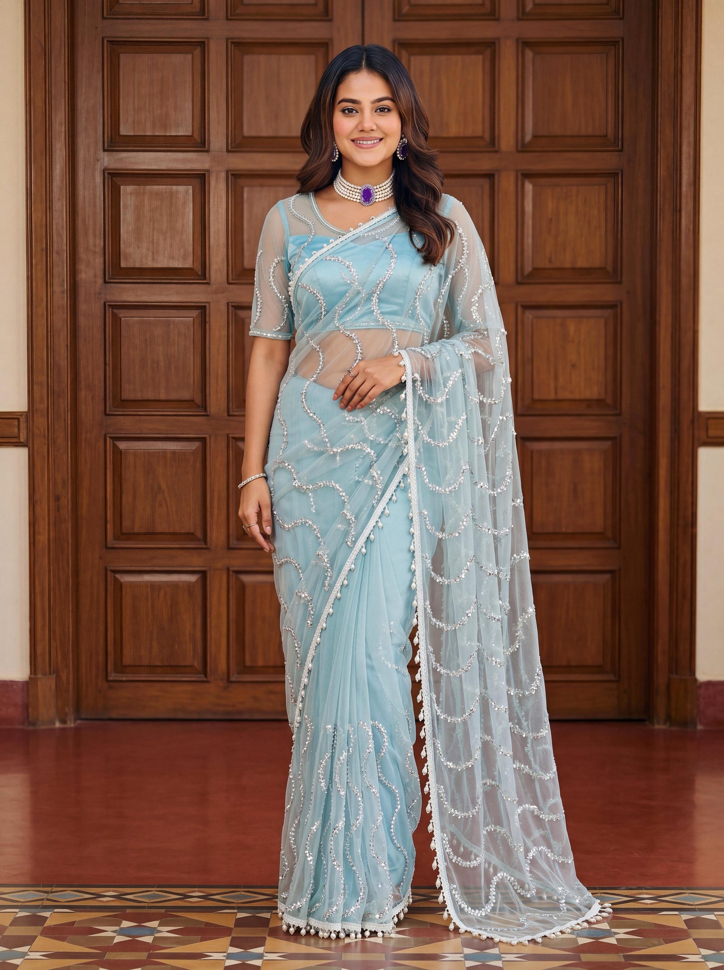 Designer Handwork Net Saree With Beads, Sequence & Pearl Embroidery