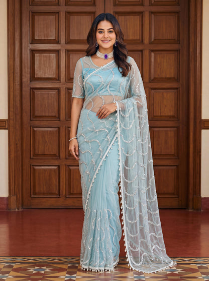 Designer Handwork Net Saree With Beads, Sequence & Pearl Embroidery